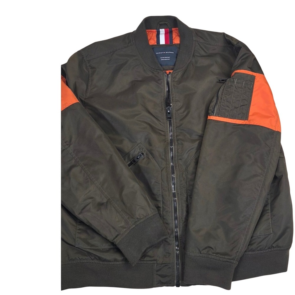 Tommy Hilfiger Bomber Jacket Men's 2XL Olive Orange Quilted Water Resistant Coat